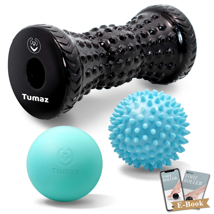 Tumaz Massage Ball & Foot Roller 3-in-1 Set with Spiky Ball, Lacrosse Ball, Massage Roller - Ergonomic Design to Relieve Plantar Fasciitis, Foot Massager for Deep and Superficial Muscle Pain