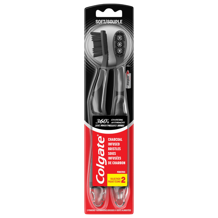 Colgate 360 Vibrate Charcoal Battery Operated Toothbrush Pack, Soft with 1 AAA Battery Included, Black, 2 Count