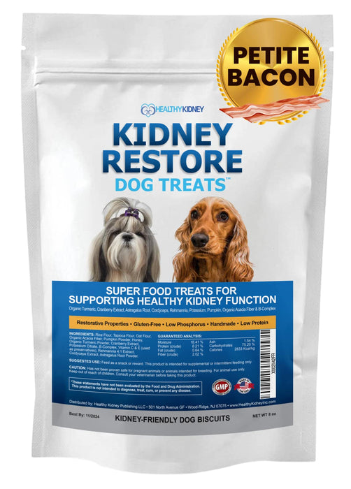 Kidney Restore Bacon Dog Treats 16oz for Petite Dogs. Low Protein Dog Treats for Kidney Support for Small Dogs. Renal Treats for Any Kidney Dog Diet.