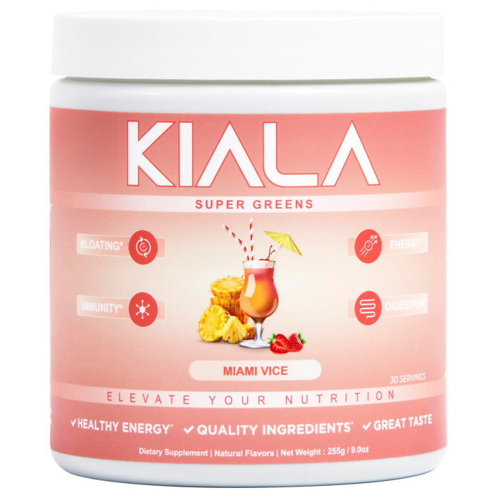 Kiala Nutrition Super Greens, Organic Greens Powder with Spirulina & Chlorella for Digestion, Gut Health, Immunity & Energy, Gluten Free, Vegan, Daily Support for Women, Miami Vice Flavor, 30 Servings