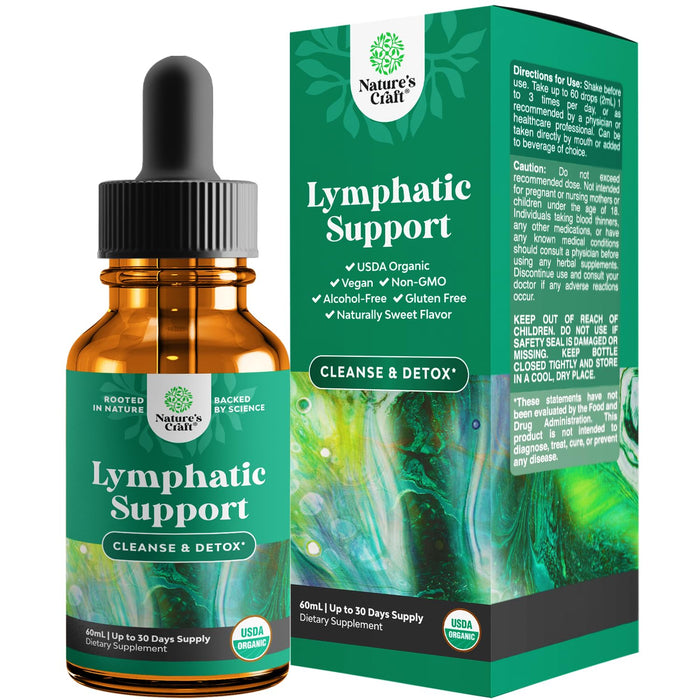 Certified Organic Lymphatic Drainage Drops - Herbal Lymphatic Cleanse and Immune Support Supplement with Echinacea Goldenseal & Red Clover Extract - Vegan Non GMO Alcohol and Sugar Free - 30 Servings