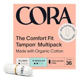 Cora Organic Tampons, Non-Applicator, 100% Organic Cotton | Ultra-Absorbent, Unscented, Natural, Non-Toxic, Applicator Free | Eco-Conscious (36 L/R Tampons)