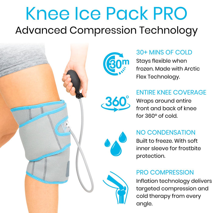 Vive Compression Knee Ice Wrap - Reusable Brace with Air Pump - Hot/Cold Therapy for Men, Women, Pain Relief, Swelling and Recovery Support - Adjustable and Inflatable Pack for Sports Injury Sprains