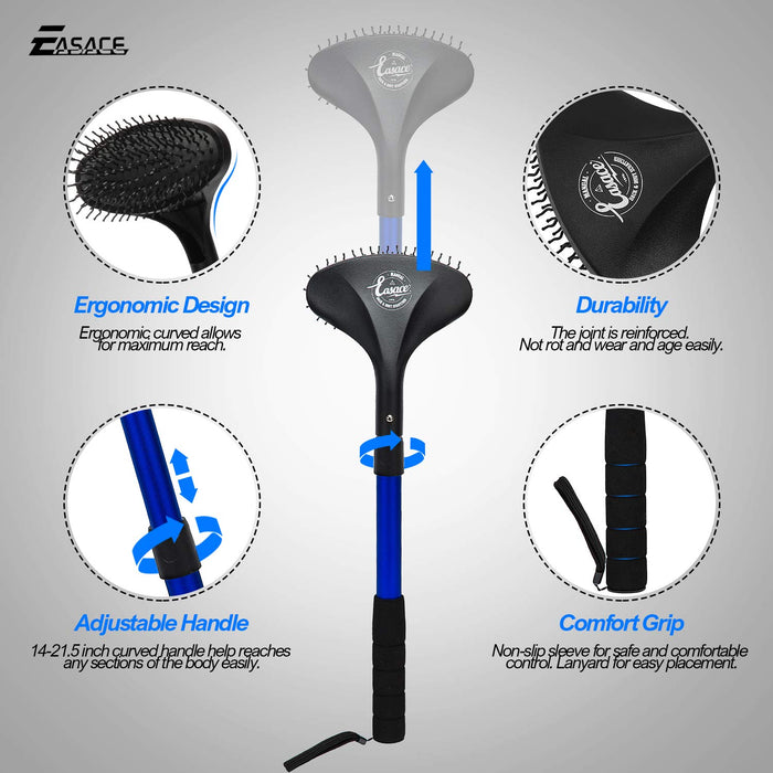 EASACE Telescopic Back Scratcher with Long Handle 21.5 Inch Adjustable Backscratchers Telescoping for Women Men Pregnant Extendable Head Body Scratcher Retractable Over-Sized Bristled Scratcher（Blue）