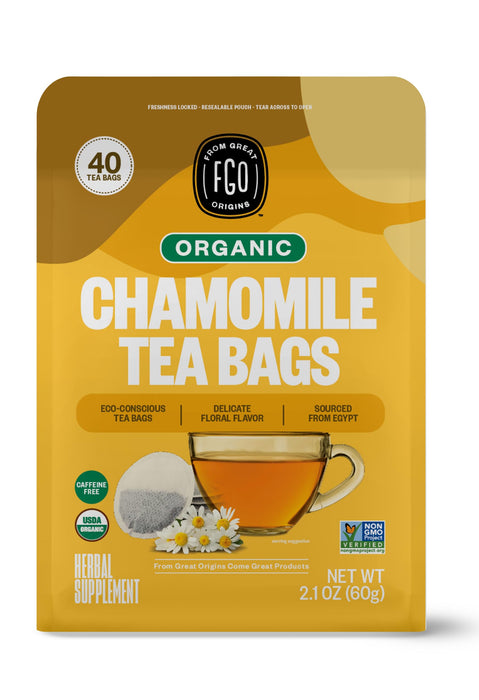 FGO Organic Chamomile Tea, 40 Count, Eco-Conscious Tea Bags, Resealable Bag (Pack of 1)