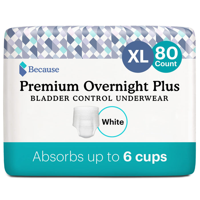Because Overnight Absorbency Pull Ups - Adult Disposable Incontinence Underwear, Extra Absorbent Nighttime Briefs for Men and Women, White, XLarge, 80 Count (4 Packs of 20)