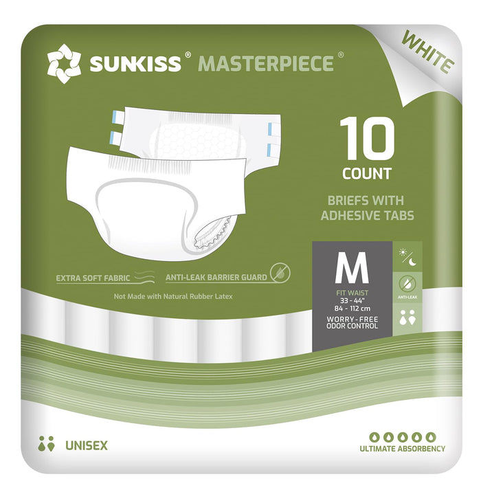 SUNKISS Masterpiece Adult Diapers with Tabs, Unisex Disposable Incontinence Briefs for Women and Men, Odor Control, White, Medium, 40 Count (4 Packs of 10)