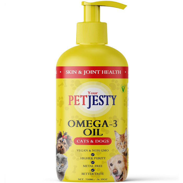 PetJesty Pure Vegan Omega 3 Oil for Dogs & Cats- Omega 3 Skin & Coat Support - Liquid Food Supplement for Pets - Natural EPA + DHA for Joint Function, Immune & Heart Health, Non Fish Oil Dog and Cat