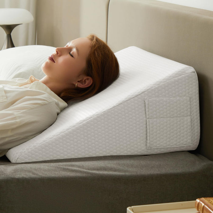 Bedluxe Wedge Pillow for Sleeping, 10 inch Elevated Support Bed Wedge Pillow, Breathable Triangle Pillow Wedge with Cooling Memory Foam Top - Removable Washable Cover, White