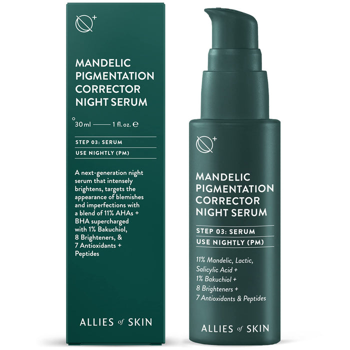Allies of Skin Mandelic Pigmentation Corrector Night Serum: Mandelic, Lactic & Salicylic Acid, Hyaluronic Acid, Niacinamide, Bakuchiol, Rosehip & Tamanu Oils. Exfoliate & Target Uneven Skin Tone 1 oz
