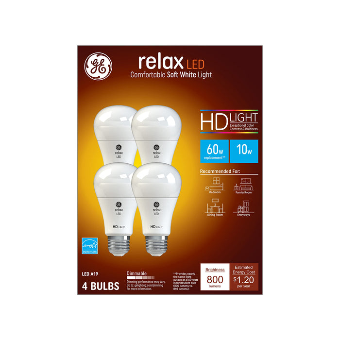 GE Relax LED Light Bulbs, 60 Watt, Soft White, A19 Bulbs, Great Christmas Gifts for Men, Holiday Gift for Women, Perfect Dad Gifts (4 Pack)