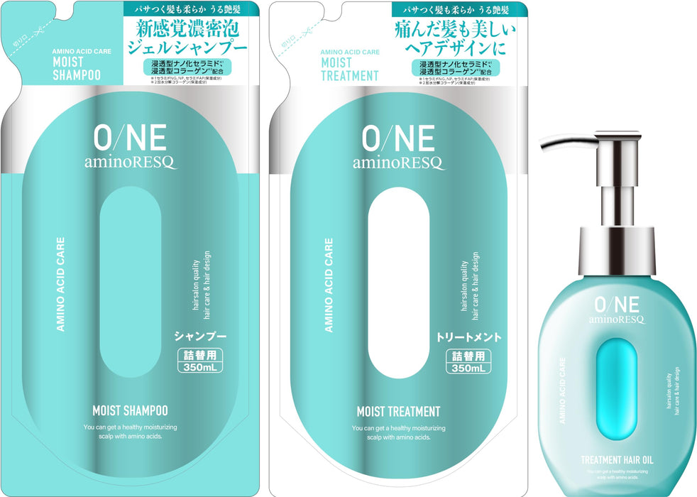 O/NE aminoRESQ Amino Acid Shampoo Treatment Refill + Hair Oil 3-piece Set 350mL/350g/75mL (Salon Shampoo Damage Repair Rich Foam Fresh Floral Scent)