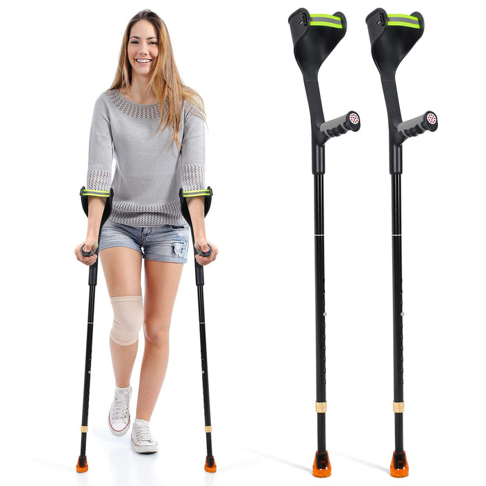 Elorgzem Pair Forearm Crutches, Ergonomic Folding Forearm Crutches for Adults with Anti-Dorp Cuff, 10-Level Adjustable Height, Suitable for Adults with Leg Injury (Pair - Black Handle)