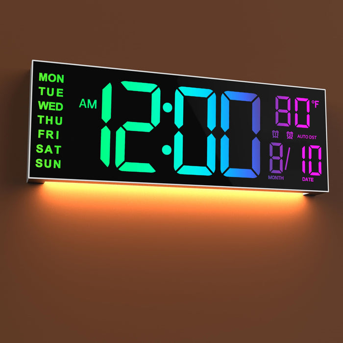 JALL 16" Large Digital Wall Clock with Remote Control, Timer, Alarm with Big LED Screen Dispaly, 8 RGB Colors, Auto DST, Temperature for Living Room, Bedroom, Mounted, Gift for Elderly, White