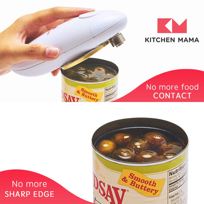 Kitchen Mama Auto Electric Can Opener Open Your Cans with A Simple Press of Button - Automatic, Hands Free, Smooth Edge, Food-Safe, Battery Operated, YES YOU CAN (White)