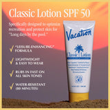 Vacation Classic Sunscreen Lotion SPF 50 + Air Freshener Bundle, Water Resistant Broad Spectrum Sunscreen Sun Block, Vegan Sun Tanning Lotion, Body Lotion with SPF, SPF 50 Sunscreen, 3.4 Fl. Oz.