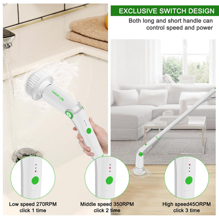 Electric Spin Scrubber,Cordless Cleaning Brush,Shower Scrubber Coming with 8 Replaceable Brush Heads, 3 Adjustable Speeds,Detachable Long Handle,Two Power Buttons,240Mins Working Time