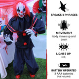 Haunted Hill Farm Life-Size Talking Clown Halloween Animatronic with Touch Activated Lights and Sound, Indoor or Covered Outdoor Scary Halloween Decorations, Battery Operated Fright Props