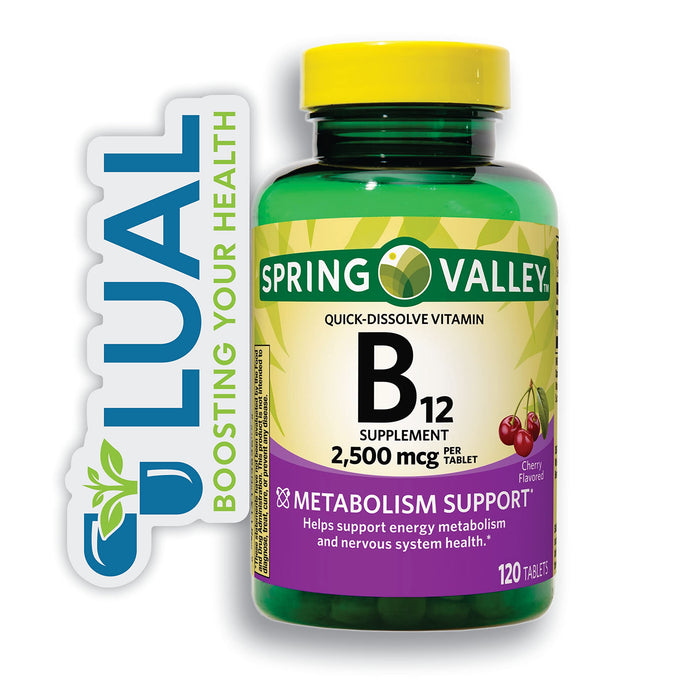 Vitamin B12, Supports Energy Metabolism. Includes Luall Sticker + Spring Valley Vitamin B12 Quick-Dissolve Tablets Dietary Supplement (2,500 mcg, Cherry Flavor, 120 Tablets)