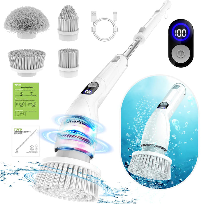 TUYU Electric Spin Scrubber, 2024 Full-Body IPX7 Waterproof Bathroom Scrubbe with Power LCD Display, Adjustable Extension Handle Electric Cleaning Brush for Bathroom, Tub, Tile