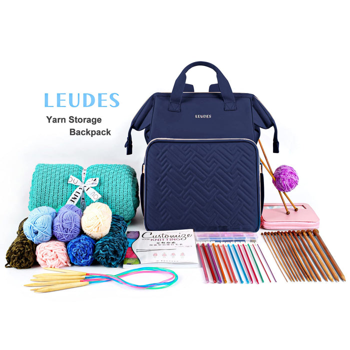 Leudes Knitting Bag Backpack, Yarn Storage Organizer Large Crochet Bag Tote Christmas Gift Yarn Holder Case for Carrying Projects, Knitting Needles (Navy Blue)