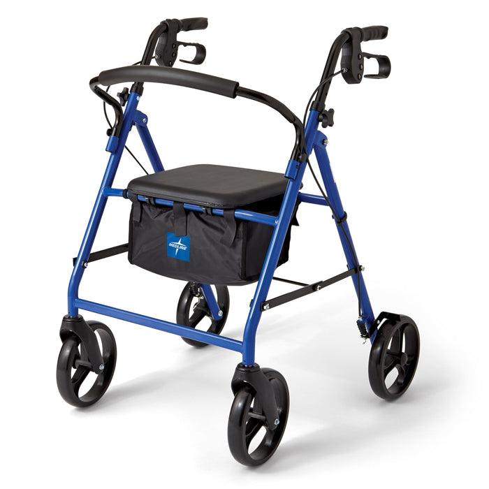Medline Steel Rollator Walker for Adult Mobility Impairment, Blue, 350 lb. Weight Capacity, 8” Wheels, Foldable, Adjustable Handles, Rolling Walker for Seniors