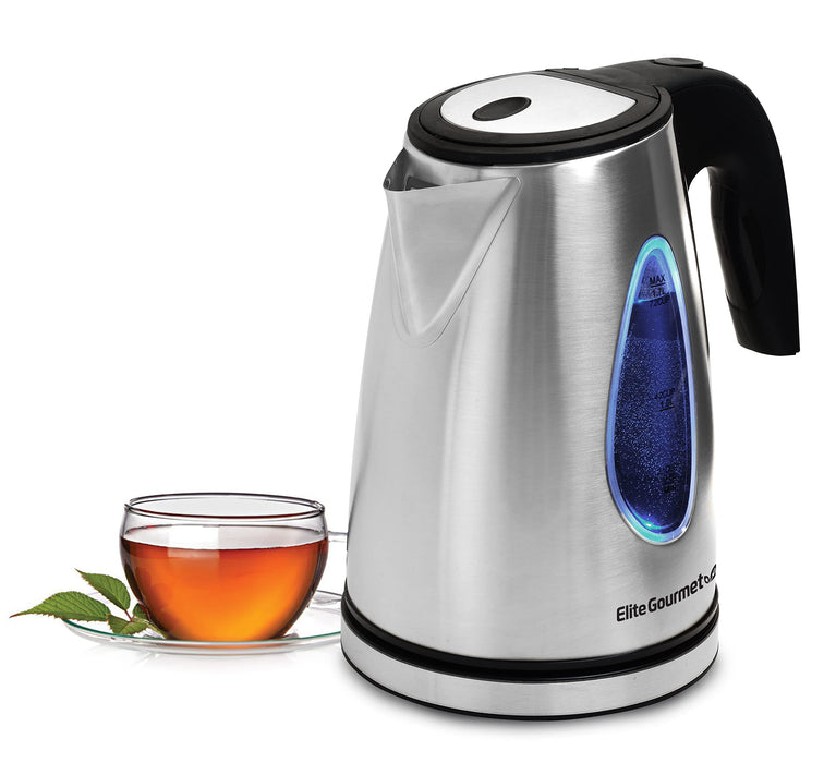 Elite Gourmet EKT-1271 Ultimate 1.7 Liter Electric Kettle – Stainless Steel Design & Cordless 360° Base, Stylish Blue LED Interior, Handy Auto Shut-Off Function – Quickly Boil Water For Tea & More