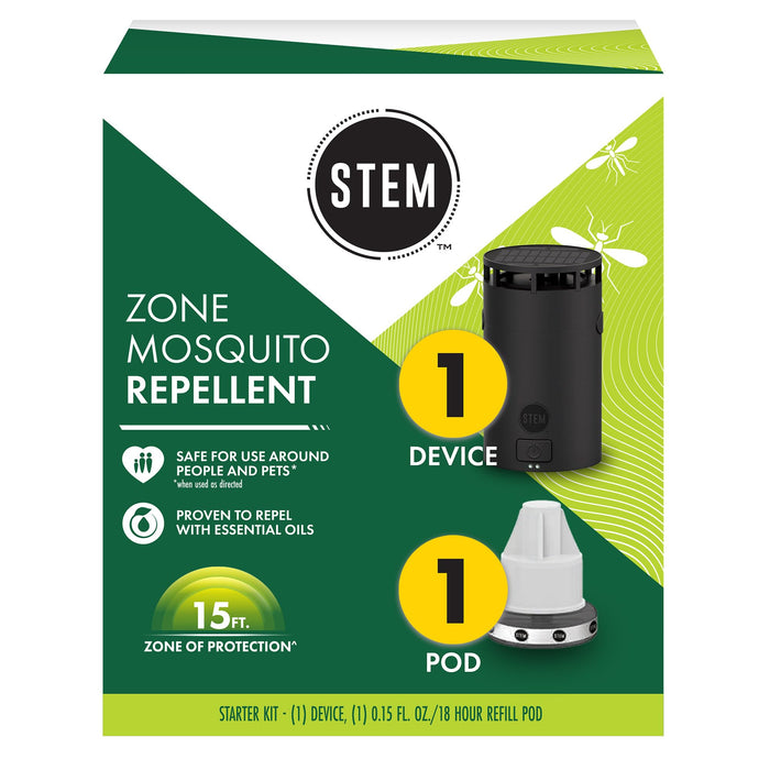 STEM Zone Mosquito Repellent Device, Easy-to-Use Outdoor Insect Protection with Proven Essential Oils, People and Pet Safe, Solar and USB-C Charger, Waterproof - Includes 1 Device & 1 Pod