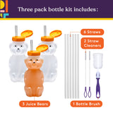 Special Supplies Honey Bear Straw Cup Long Straws, Squeezable Therapy and Special Needs Assistive Drink Container, Spill Proof and Leak Resistant Lid (Pack of 3 Bottles and 6 Straws)