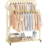 Laiensia Double Rods Garment Rack with Wheels, Clothing Rack for Hanging Clothes,4 Hooks, Multi-functional Bedroom Clothes Rack, Black