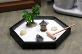 Nature's Mark Mini Zen Garden Kit for Desk with Rake, White Sand, Miniature Pagoda Figure, Black Hexagon Base, River Rocks, Miniature Succulent