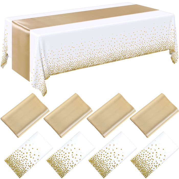 Breling 8 Pack White and Gold Tablecloths and Satin Runners Set