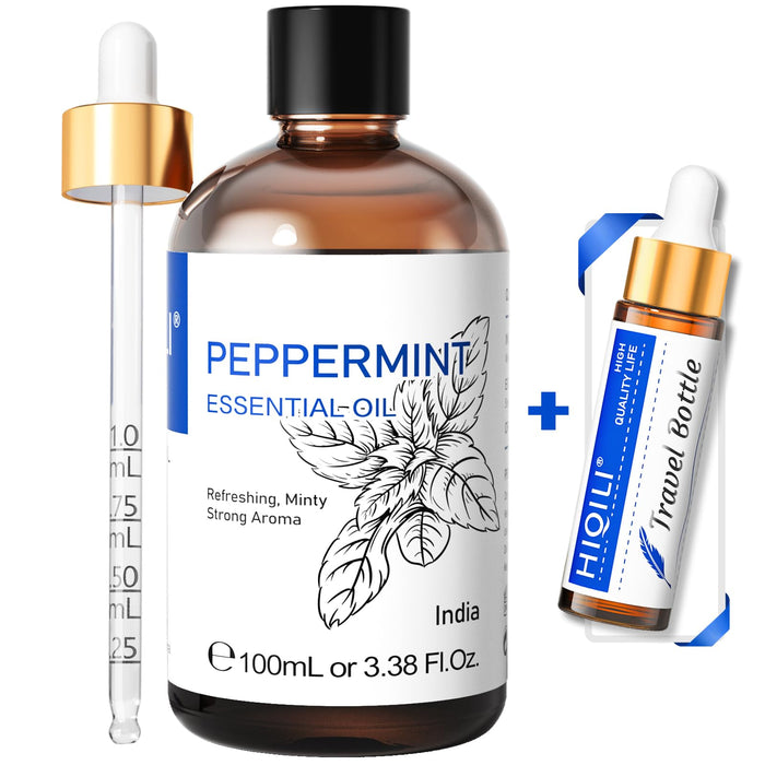 HIQILI Peppermint Oil Add to Spray, Diffuser, Can Enjoy Air Freshening, Use in Kitchen, Bedroom, Office, Extra Free Travel Bottle - 3.38 Fl Oz/100 ML