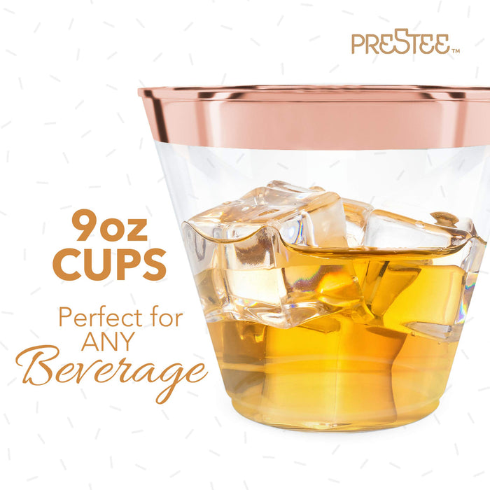 Prestee 100 Rose Gold Plastic Cups - 9 oz Hard Disposable Rose Gold Cups - Rose Gold Party Decorations - Plastic Wine Cups - Plastic Cocktail Glasses - Plastic Drinking Cups - Bulk Party Clear Cups