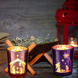 4 Pcs Christmas Advent Votive Candle Holders Nativity Scene Glass Candle Holder Purple and Pink Tealight Candle Holders for Christmas Wedding Church Home Party Dining Table Tray Decor, 4 Styles