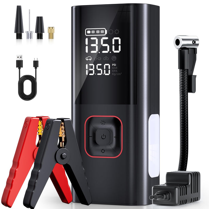 Jump Starter with Air Compressor, 5000A Battery Jumper Starter Portable (9L Gas/8L Diesel) with 160PSI Auto-Shutoff Tire Inflator, 12V Jump Box Car Battery Jump Starter with Jumper Cables, LED Light