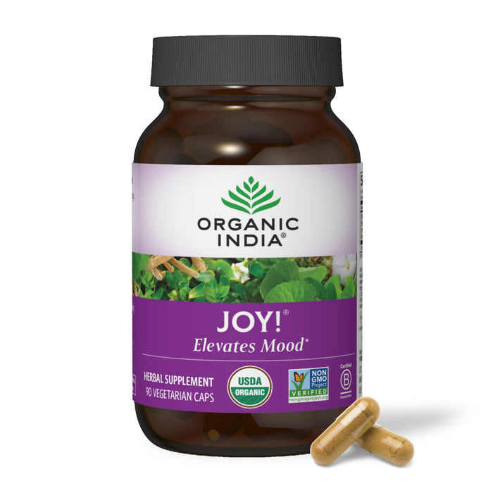 Organic India Joy Herbal Supplement - Immune Support, Promotes Memory & Concentration, Vegan, Gluten-Free, Kosher, USDA Certified Organic, Non-GMO, Calming - 90 Capsules