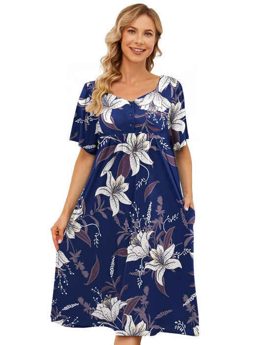 udforsk House Dress for Women Elderly Moomoo Short Sleeve Muumuu Dresses House Coats Grandma Nightgowns Navy XXL