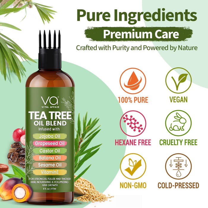 VITAL AFFAIR Tea Tree Oil For Hair With Jojoba, Castor, Batana Oil - Tea Tree Hair And Scalp Treatment - Hair Oil For Dandruff - Helps Strengthen, Volumize & Promotes Hair Growth - 6 Fl Oz
