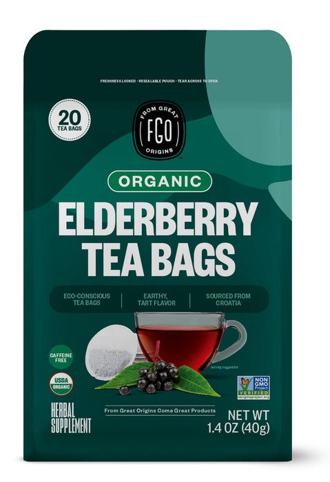 FGO Organic Elderberry Tea, 20 Count, Eco-Conscious Herbal Tea Bags, Resealabel Bag, Caffeine Free, Packaging May Vary (Pack of 1)