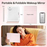 FUNTOUCH 2500mAh Large Rechargeable Travel Makeup Mirror with Lights, Portable Makeup Mirror with 10X Magnifying Mirror 3 Lighting Modes, Tabletop Folding Travel Mirror with PU Leather Cover (Pink)