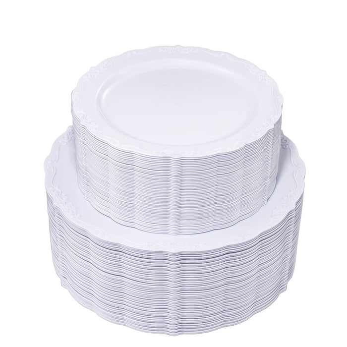 U-QE 100 Pieces White Disposable Plates - Premium Hard Plastic Plates for Wedding and Party Use Including 50 Dinner 10.25 '' & 50 Dessert 7.5 '' Plates