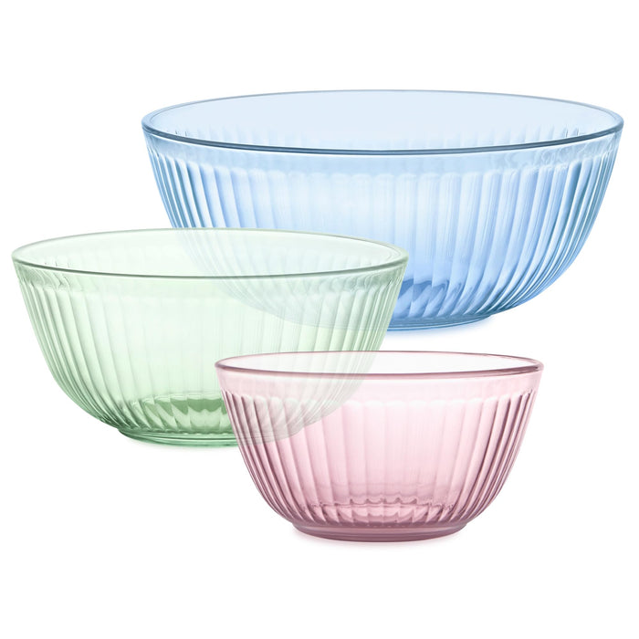 Pyrex Colors Tinted (3-Pack) Sculpted Tinted Unlidded Small/Medium/Large Glass Mixing Bowls, Nesting Space Saving Set of Bowls For Prepping and Baking, 1.3QT, 2.3QT & 4.5QT
