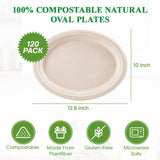 Vplus 100% Compostable Oval Paper Plates 12 inch 120 Pack Super Strong Disposable Dinner Plates Natural Biodegradable Eco-Friendly Sugarcane Plates for BBQ, Party, Gathering, and Picnic