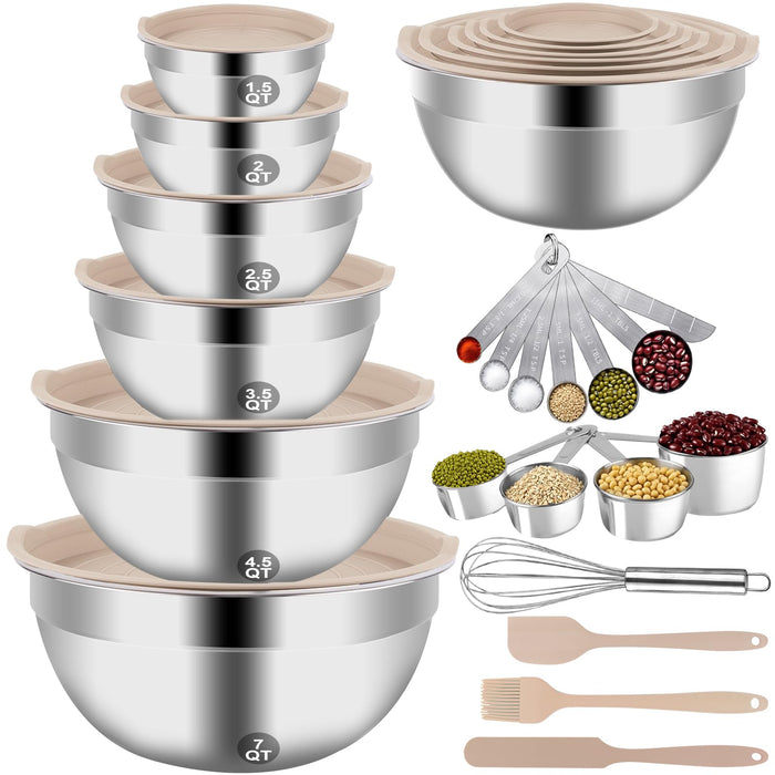 WEPSEN Mixing Bowls Set, 27PCS Khaki Mixing Bowls With Lids Set Stainless Steel Kitchen Large Nesting Metal Bowl 7QT to 1.5QT, Measuring Cups and Spoons for Prepping Cooking Serving