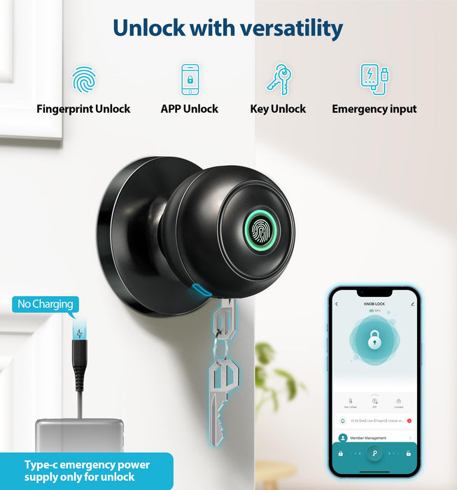 Veise Fingerprint Door Lock, Smart Door Knob with App Control, Biometric Smart Lock for Bedroom Door, Auto Lock, Great for Home, Offices, Pantry, Apartments, Garages, Matte Black