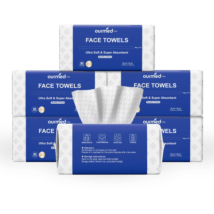Ourmed Life Face Towels, Disposable Biodegradable Clean Facial Towels for Sensitive Skin, Lint- free Face Cloths for Makeup Remover, Skincare and Women Cleaning, Dry Wipes,480 Count Dot Texture