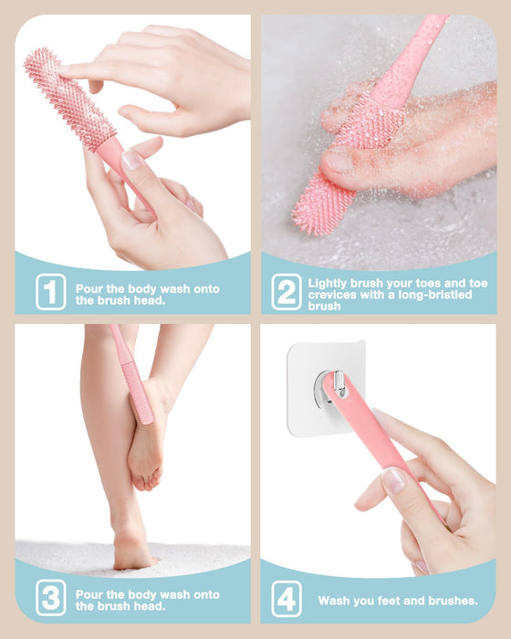 TOPHOME 2 Pack Toe Cleaning Brush,Silicone Foot Scrubber for Shower with 15.7" Long Handle Soft Cleaning Bath Brush Feet Cleaner Scrub Foot Care for Seniors,Elderly, Men and Women (Pink)