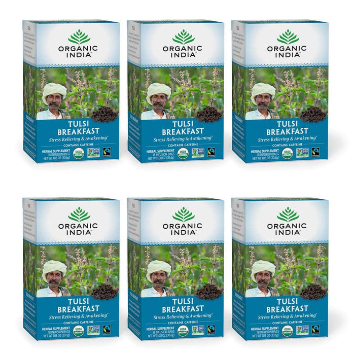 Organic India Tulsi Breakfast Herbal Tea - Holy Basil, Stress Relieving & Awakening, Immune Support, Adaptogen, Vegan, USDA Certified Organic, Non-GMO, Caffeinated - 18 Infusion Bags, 6 Pack