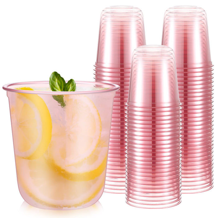 Ziliny 50 Pcs Disposable Stemless Glasses 12oz Crystal Plastic Wine Glasses Clear Classic Pet Cup for Meeting Weddings Birthdays Cocktail Christmas Party Supplies (Pink)